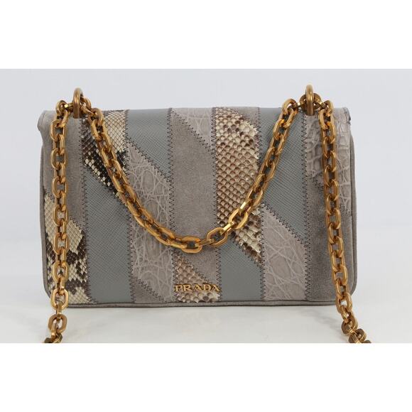 Prada Crocodile Python Suede Leather Exotic Skin Patchwork Flap Shoulder Bag - Picture 15 of 16